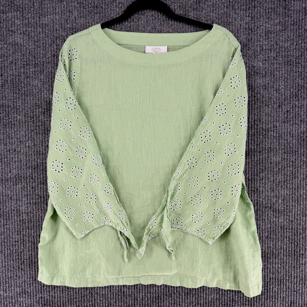 Linen Charter Club luxury 100% linen eyelet sleeve blouse pistachio green XL